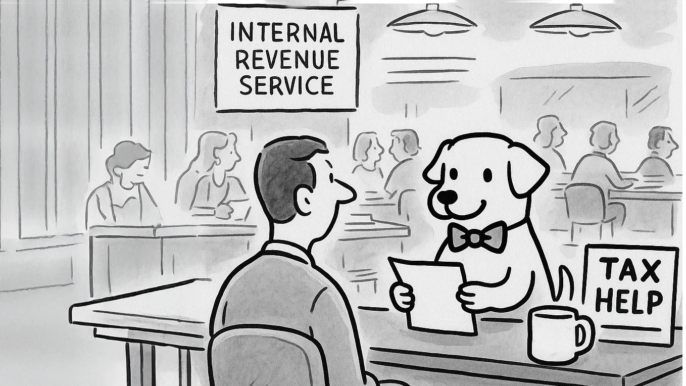 DocsHound mascot as a tax preparer in an IRS office