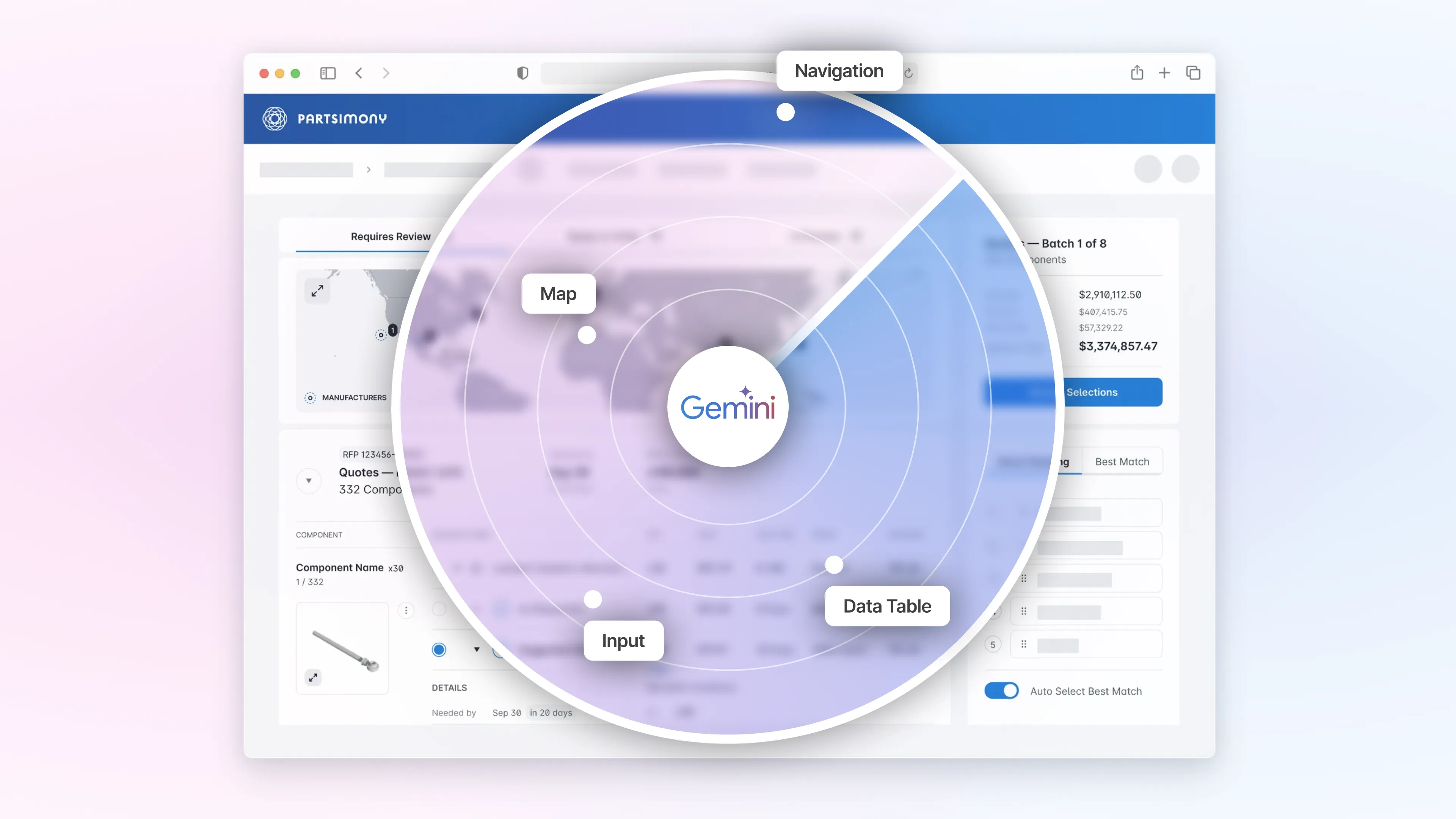Screenshot of software interface with a radar-like detection overlay highlighting UI elements. The circular radar scope has Gemini AI at the center and identifies key interface components including Map, Data Table, and Input sections.
