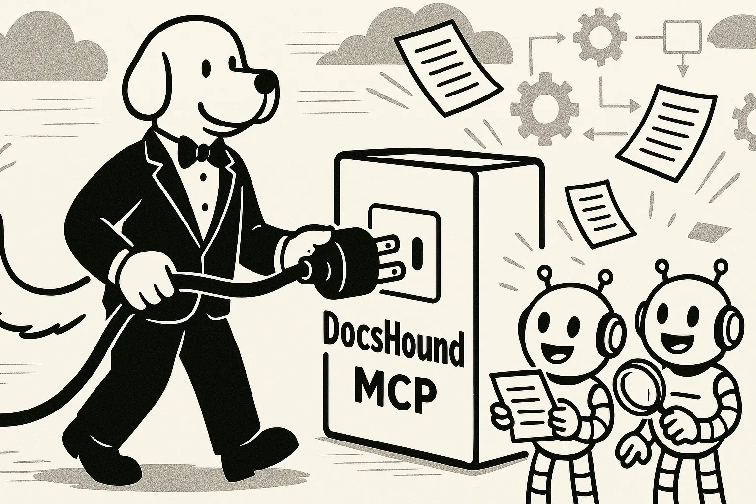 DocsHound, a dog mascot in a tuxedo, plugs a two-pronged cable into a DocsHound MCP server while cheerful robot agents catch flying documents, with gears and flowcharts in the background.
