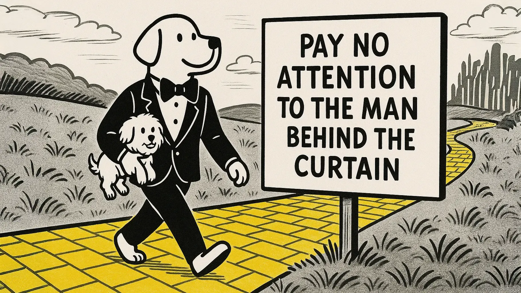 A cartoon-style black-and-white illustration of DocsHound walking down a yellow brick road carrying Toto, with a bold sign overhead reading “Pay No Attention to the Man Behind the Curtain.” A playful nod to the Wizard of Oz, highlighting the illusion of complex AI chatbot systems.